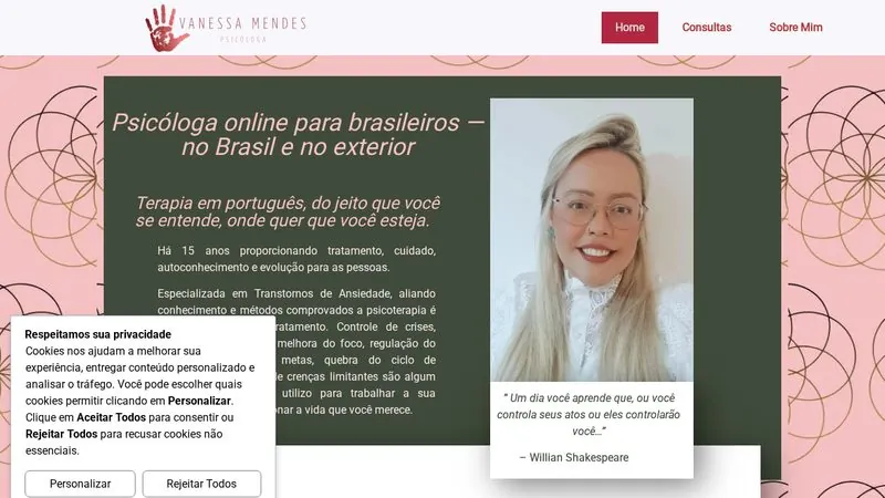 Print do site Vanessa Mendes — Psicóloga